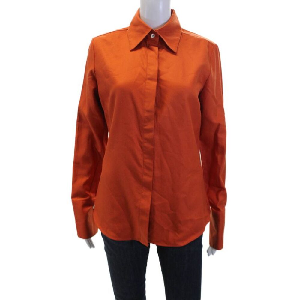 Farinaz Taghavi Womens Cotton Striped Collar Button Down Shirt Orange Size 8